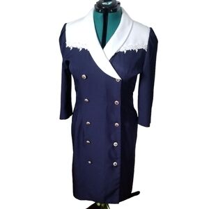 Vintage 80s 90s Blue Double Breasted Nautical Shawl Collar Dress Large
